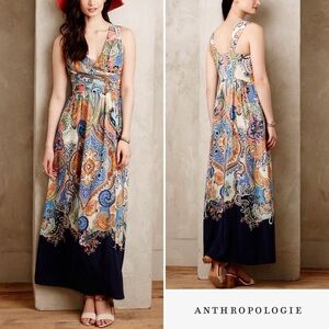Anthropologie Maeve Vizcaya Maxi Dress Blue Cream 14 EUC